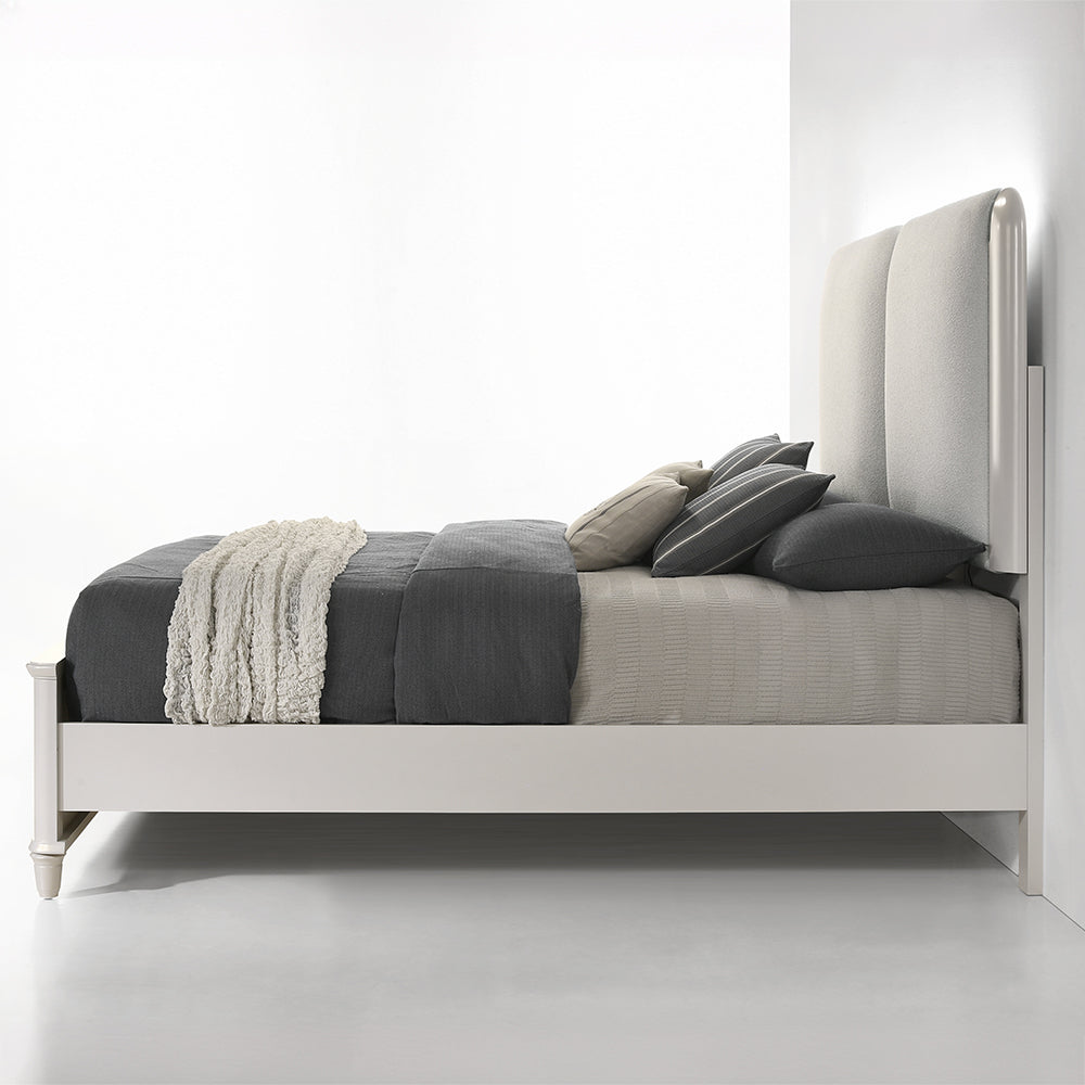 Adam Laveda Queen Light Gray Pearl White Boucle Platform Bed – Contemporary LED Accent Lighting