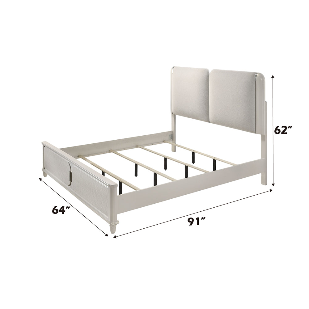 Adam Laveda Queen Light Gray Pearl White Boucle Platform Bed – Contemporary LED Accent Lighting