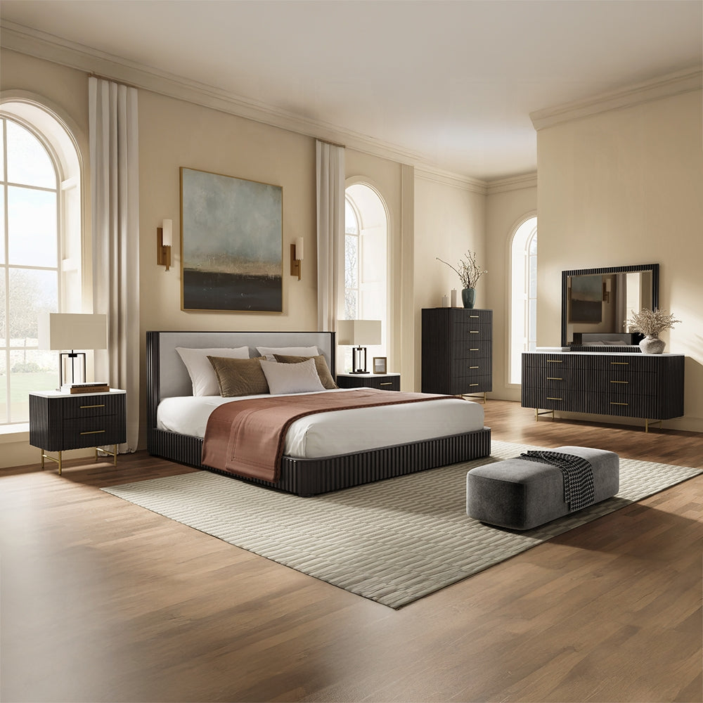 Aeon Clayten Queen Size Espresso Brown Fabric Bed – Upholstered Platform Frame with Stylish Headboard Design