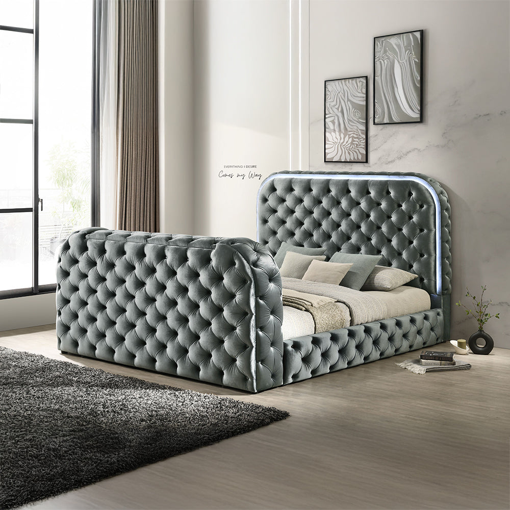 Kenner Kana Eastern King Storage Bed in Gray Wood LED Backlit Headboard & Built-In Fireplace