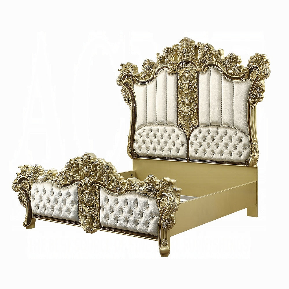 Imara Desiderius Eastern King Upholstered Bed Beige Fabric – Ornate Traditional Style with Carved Wood Frame