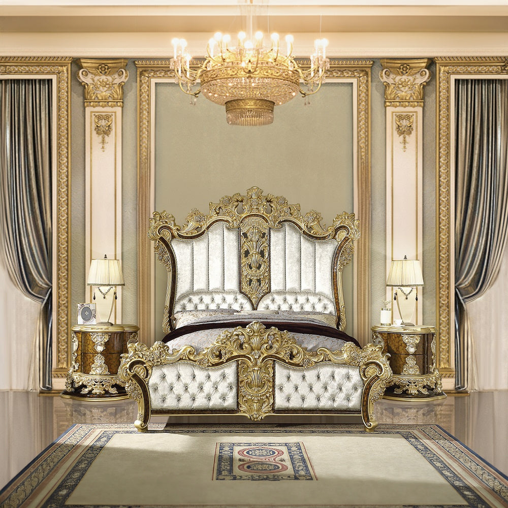 Imara Desiderius Eastern King Upholstered Bed Beige Fabric – Ornate Traditional Style with Carved Wood Frame
