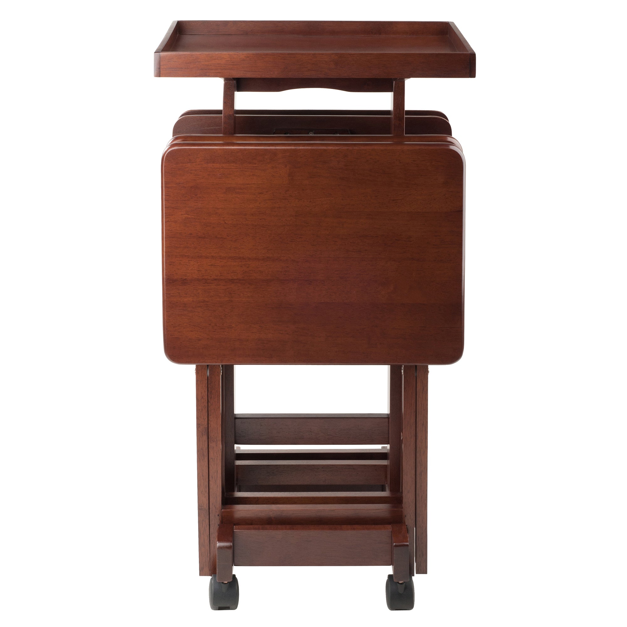 Isabelle Set of 4 Snack Tables with Mobile Stand and Removable Tray, Walnut