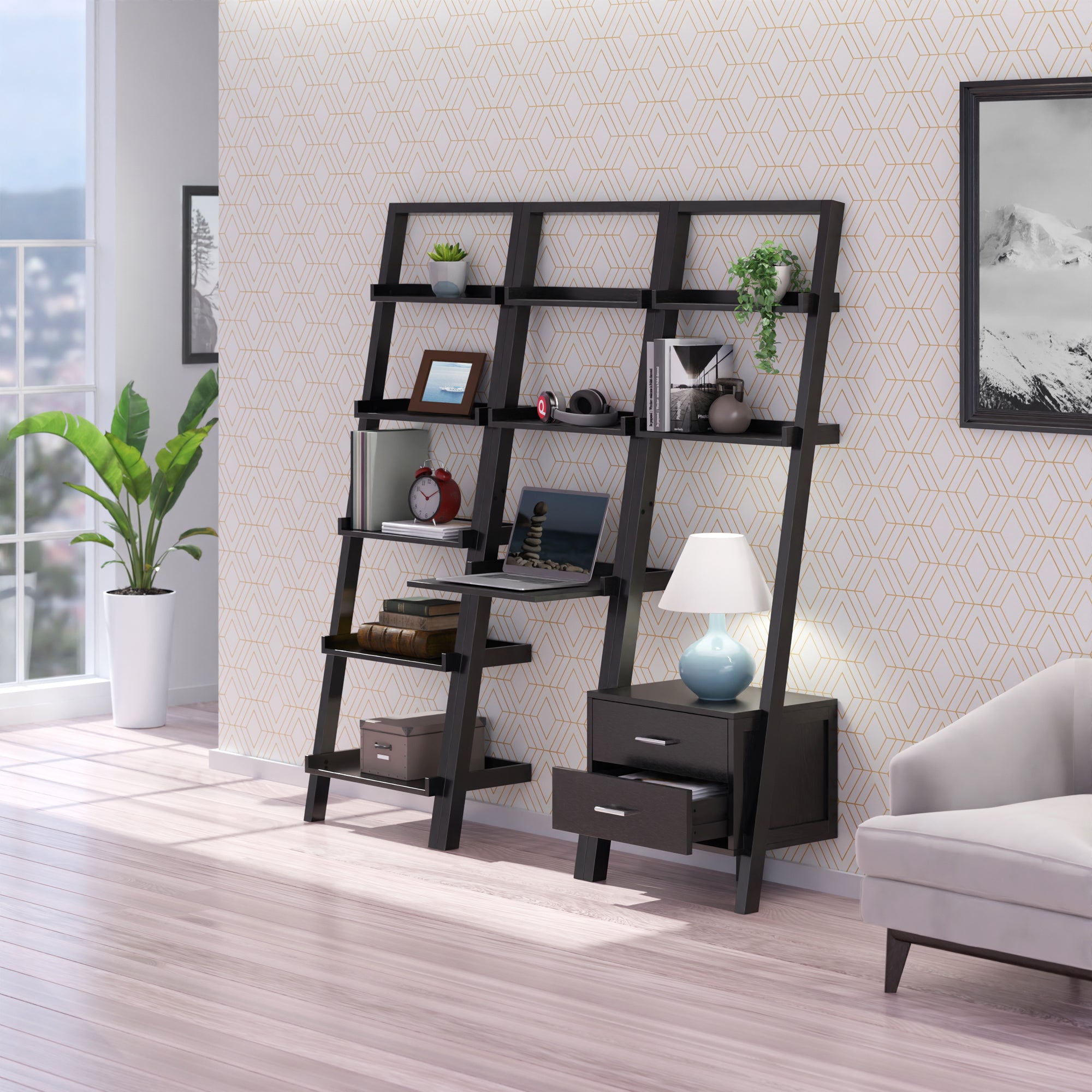 Bellamy 3-Pc Leaning Desk & Shelf Set, Black