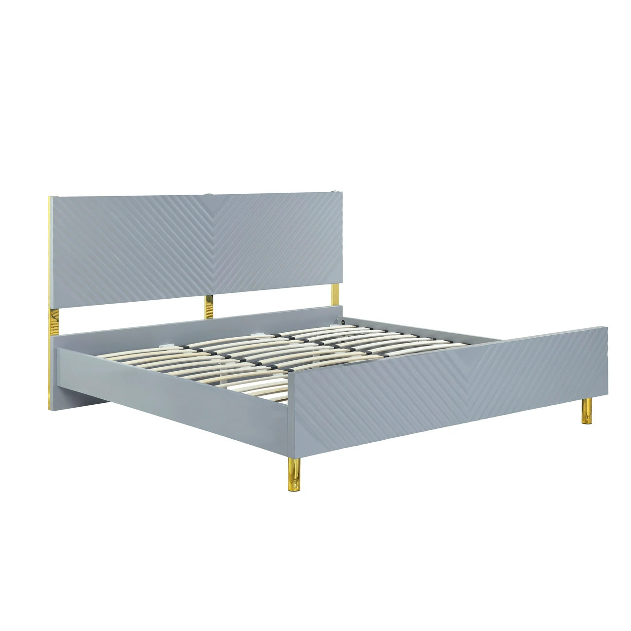 Reese Gaines Eastern King White Wood Panel Bed – Glamorous Design with Wave Pattern and Metal Accents