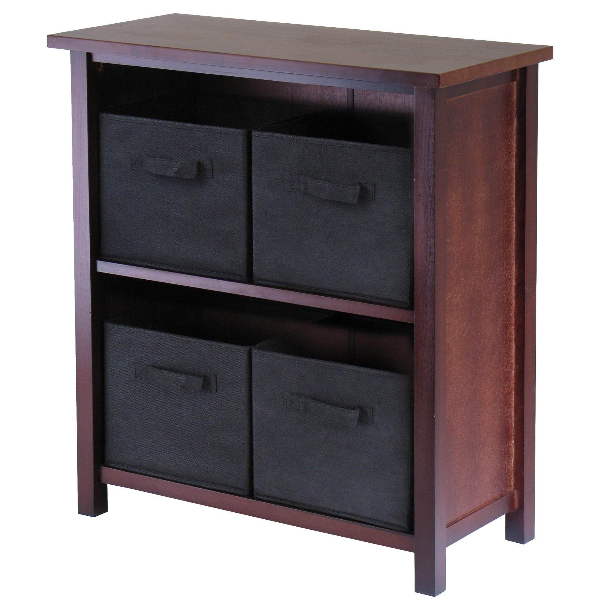 Verona 5-Pc Storage Shelf accompanied by 4 Foldable Fabric Baskets, in Walnut and Black