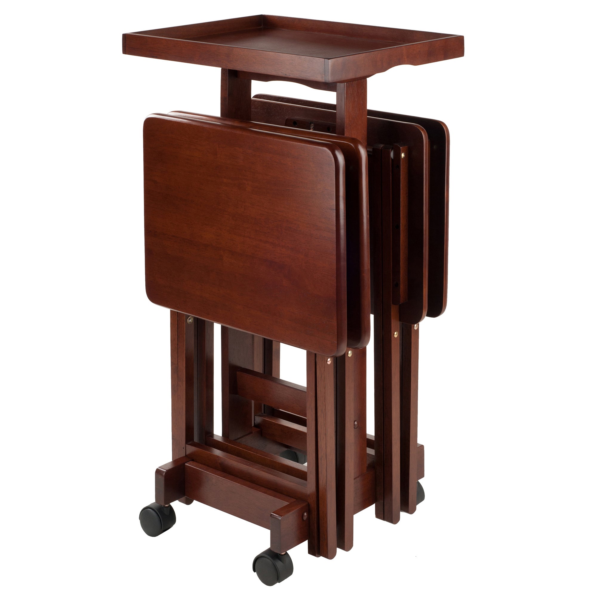 Isabelle Set of 4 Snack Tables with Mobile Stand and Removable Tray, Walnut