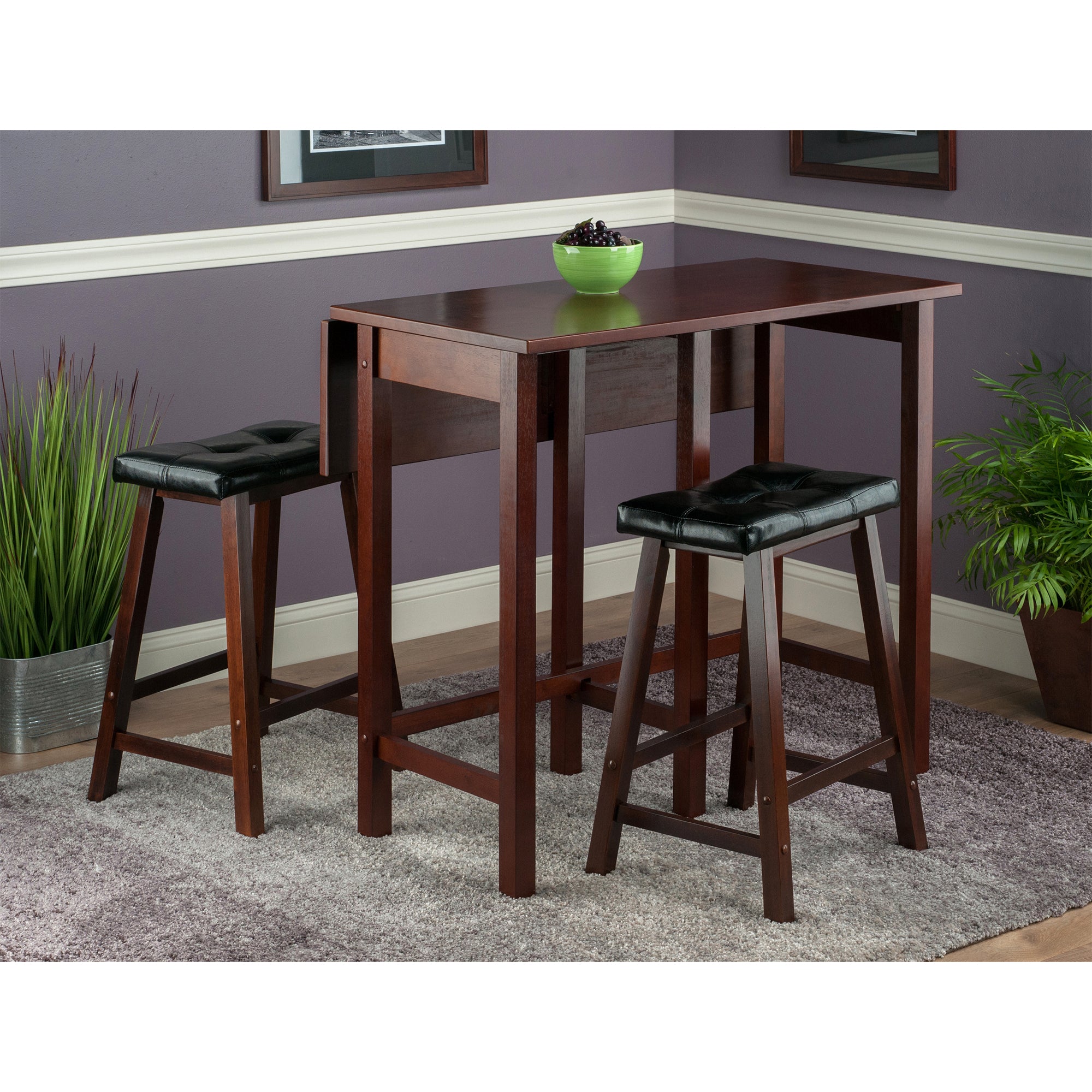 Lynnwood 3-Pc Drop Leaf Table with Cushion Saddle Seat Counter Stools, Walnut and Black