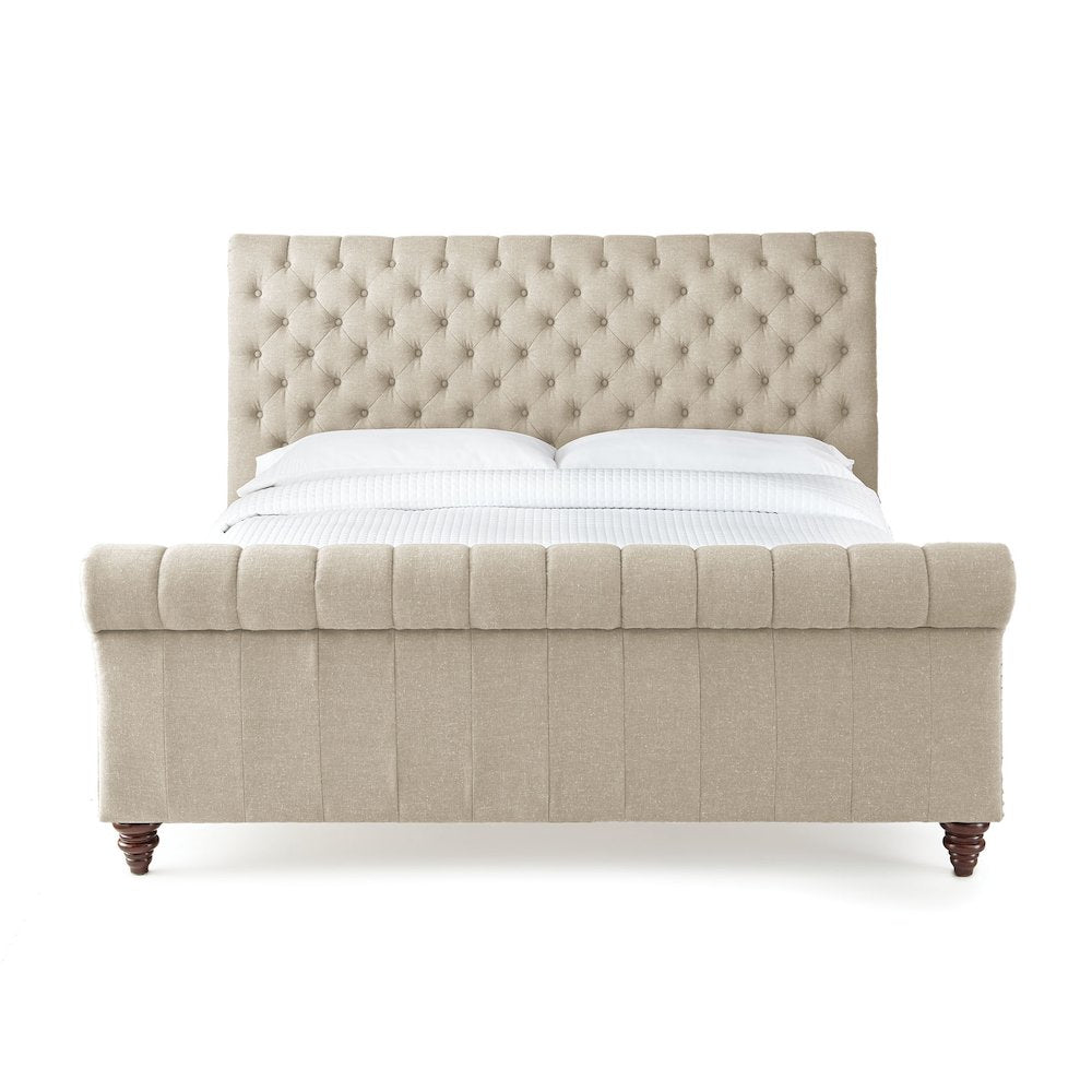 Fuller Swanson King Sand Beige Upholstered Sleigh Bed – Tufted Wingback Headboard