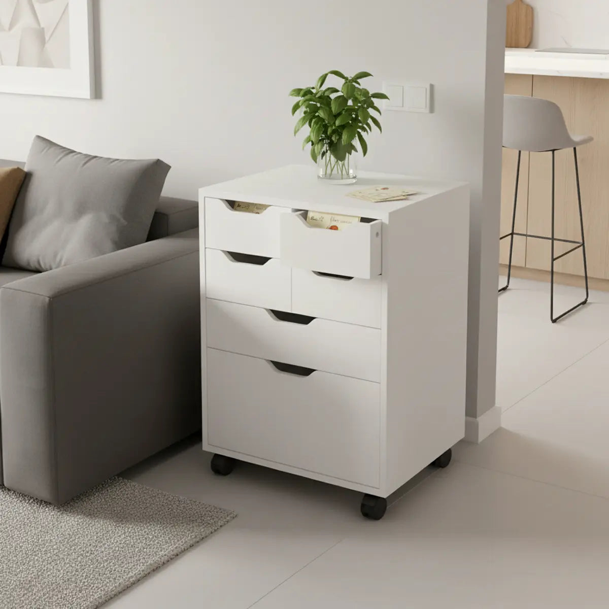 Norfolk 4 Bins, 2 Drawer Mobile Cabinet, White Finish