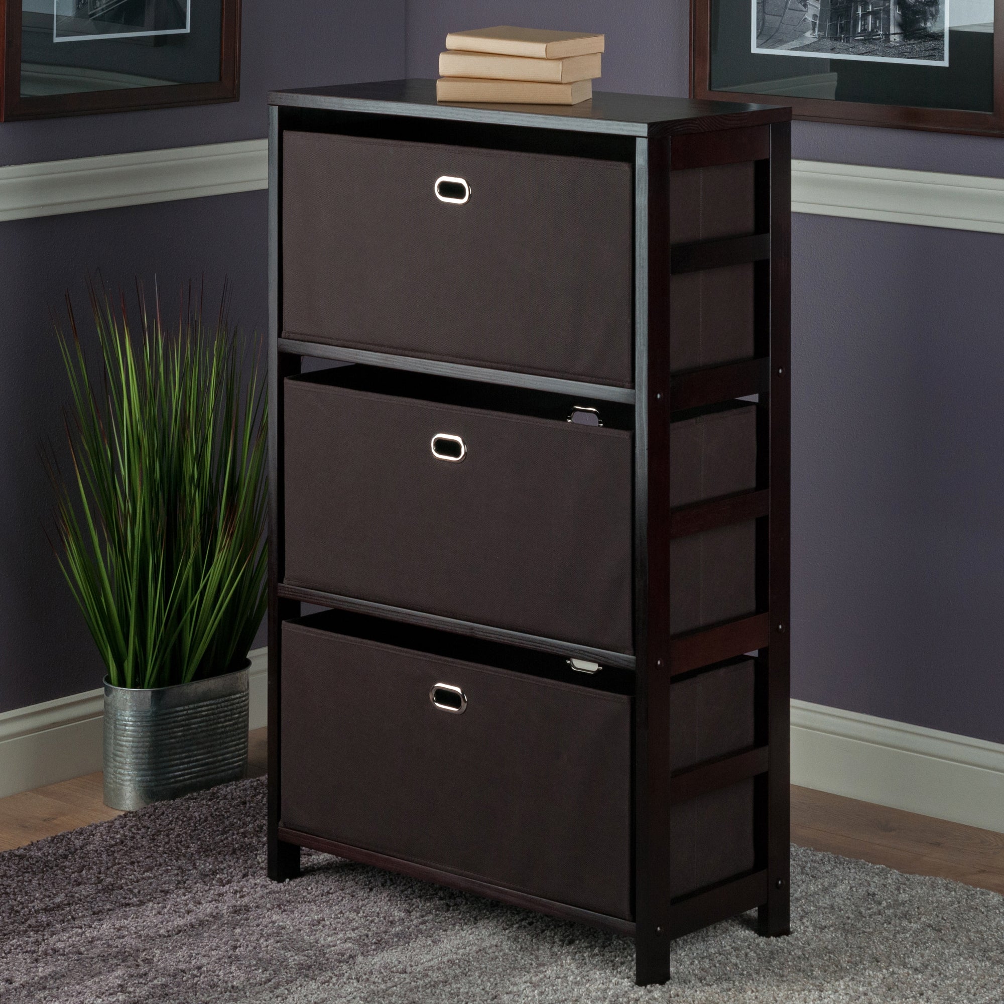 Torino 3-Pc Storage Shelf accompanied by 2 Foldable Fabric Baskets, in Espresso and Chocolate