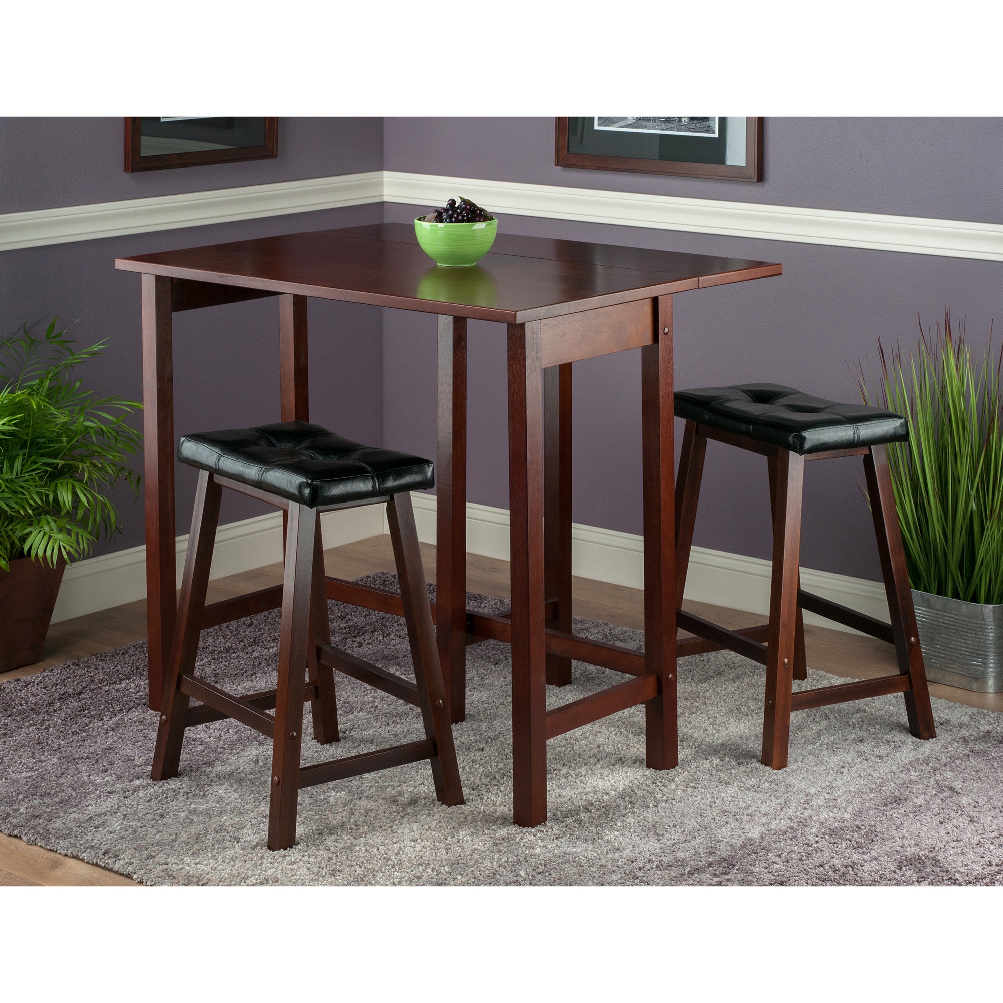 Lynnwood 3-Pc Drop Leaf Table with Cushion Saddle Seat Counter Stools, Walnut and Black