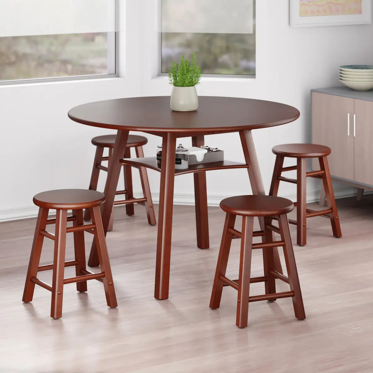 Marbelle Table 5-Pc Drop Leaf Dining Table with 4 Element 18” Dining Stools, Walnut