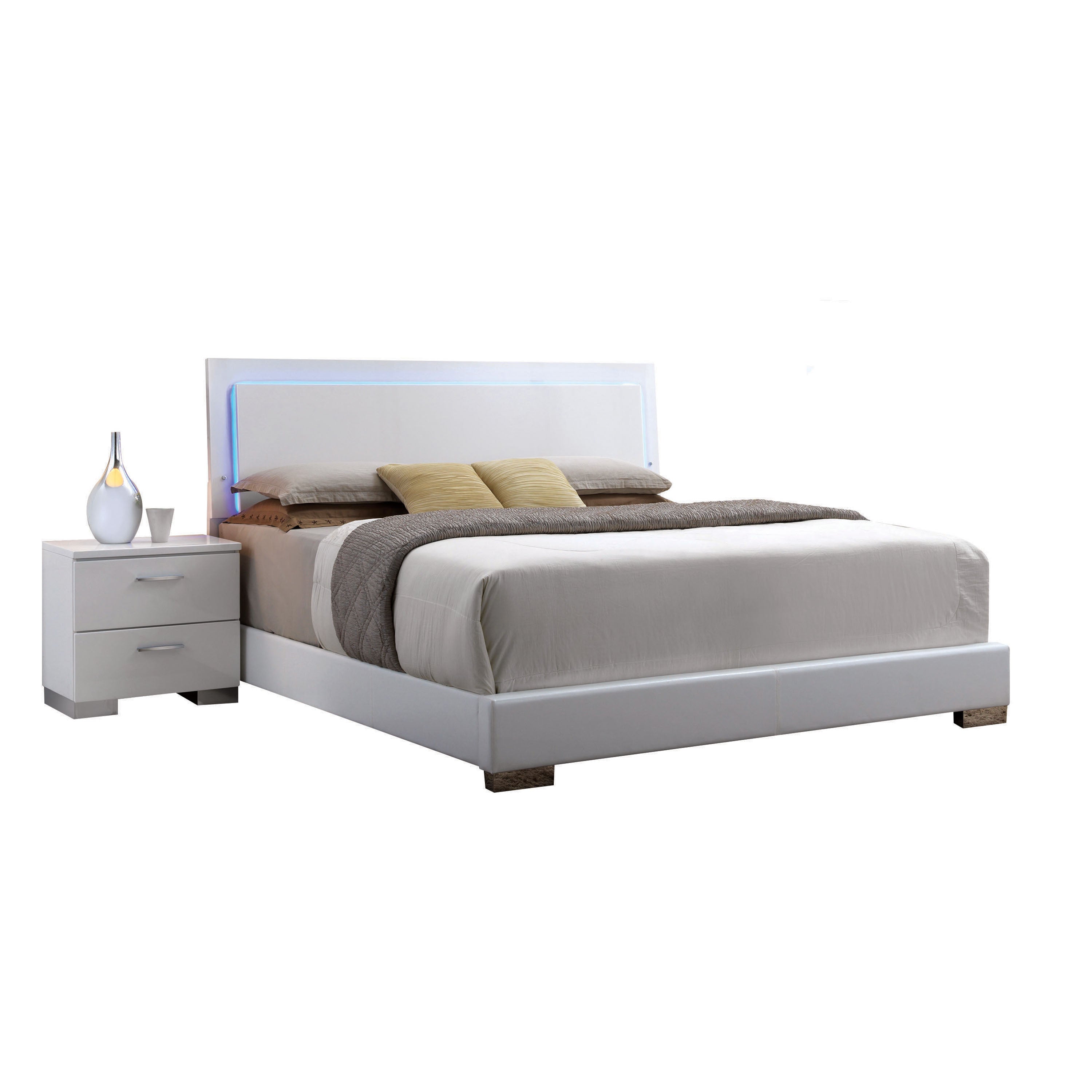 Leonardo Lorimar White Queen Bed Synthetic Leather – LED Headboard, Sleek Modern Look