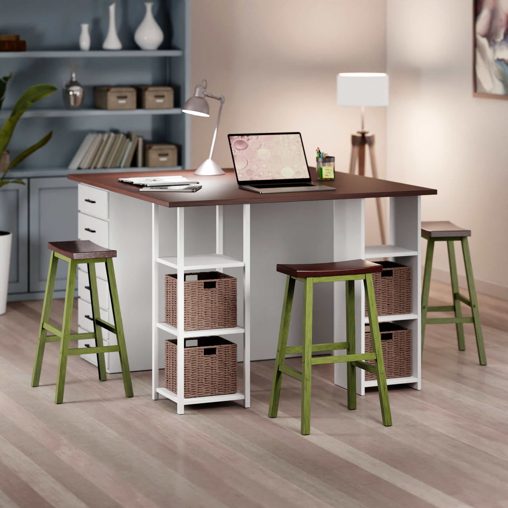 Satori Saddle Seat Bar Stool, Rustic Green and Walnut