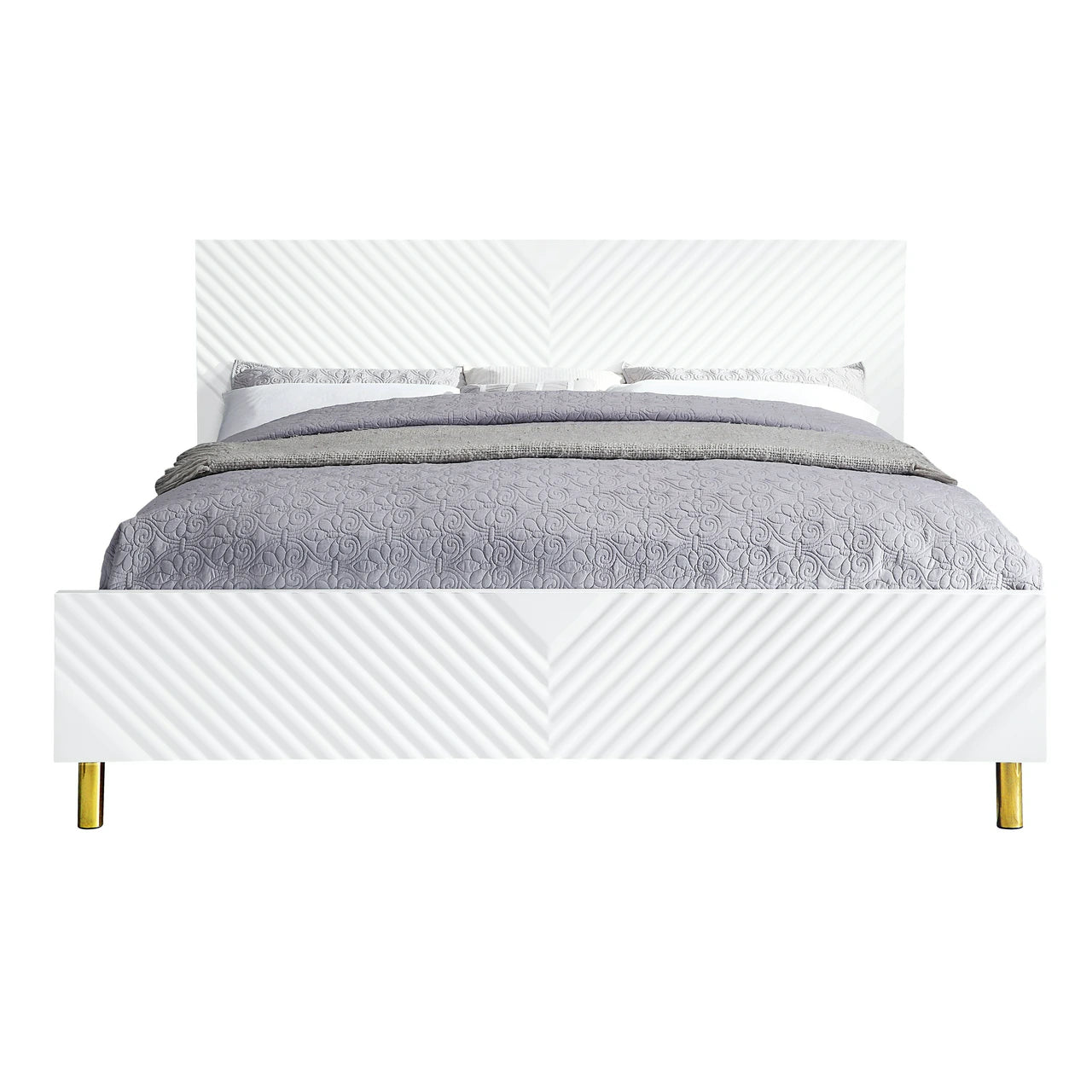 Reese Gaines Eastern King White Wood Panel Bed – Glamorous Design with Wave Pattern and Metal Accents
