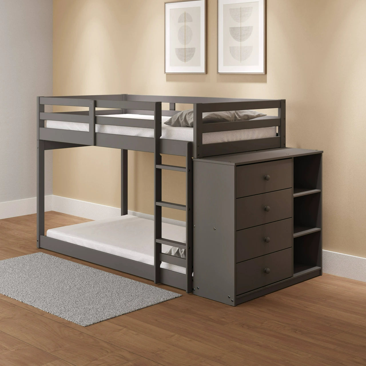 Nastik Gaston Gray Wood Bunk Bed T/T – With Drawers, Compartments & Ladder