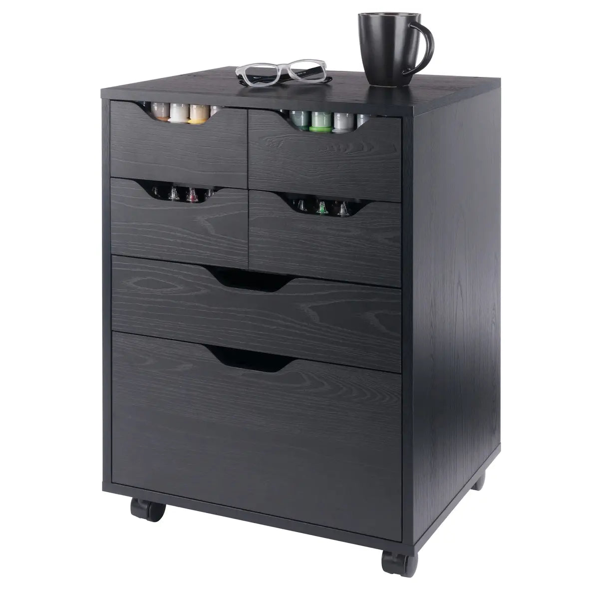Norfolk 4 Bins, 2 Drawer Mobile Cabinet, Black Finish
