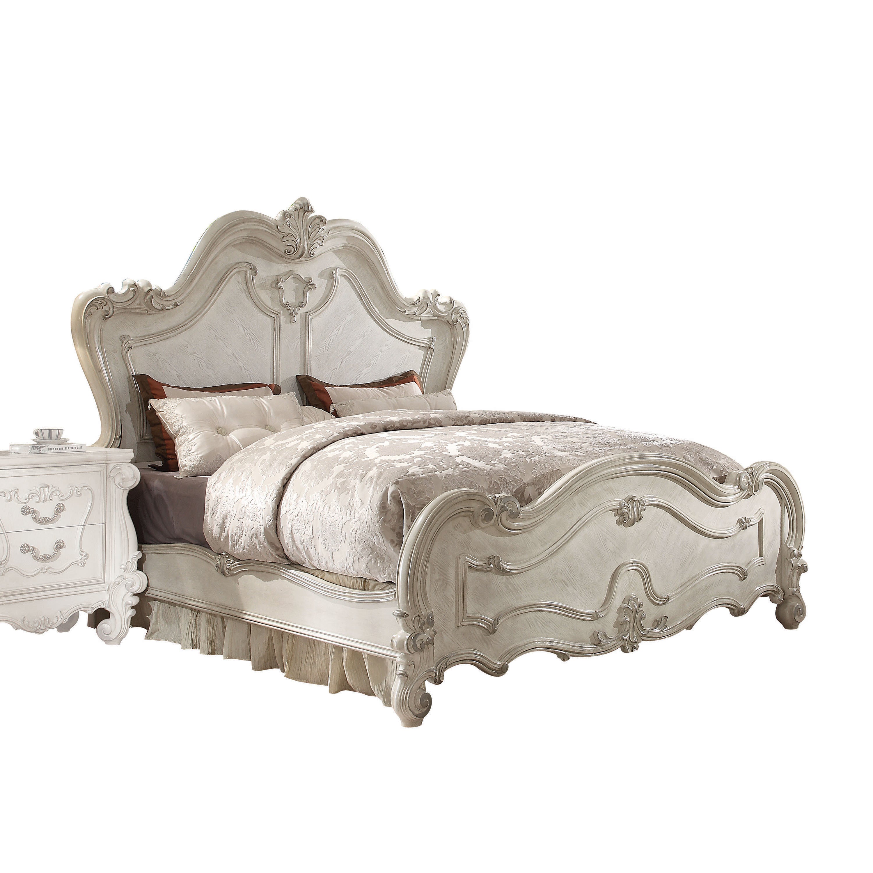 Nirmal Versailles EK Champagne Upholstered Wood Bed – Traditional Ornate Headboard Design