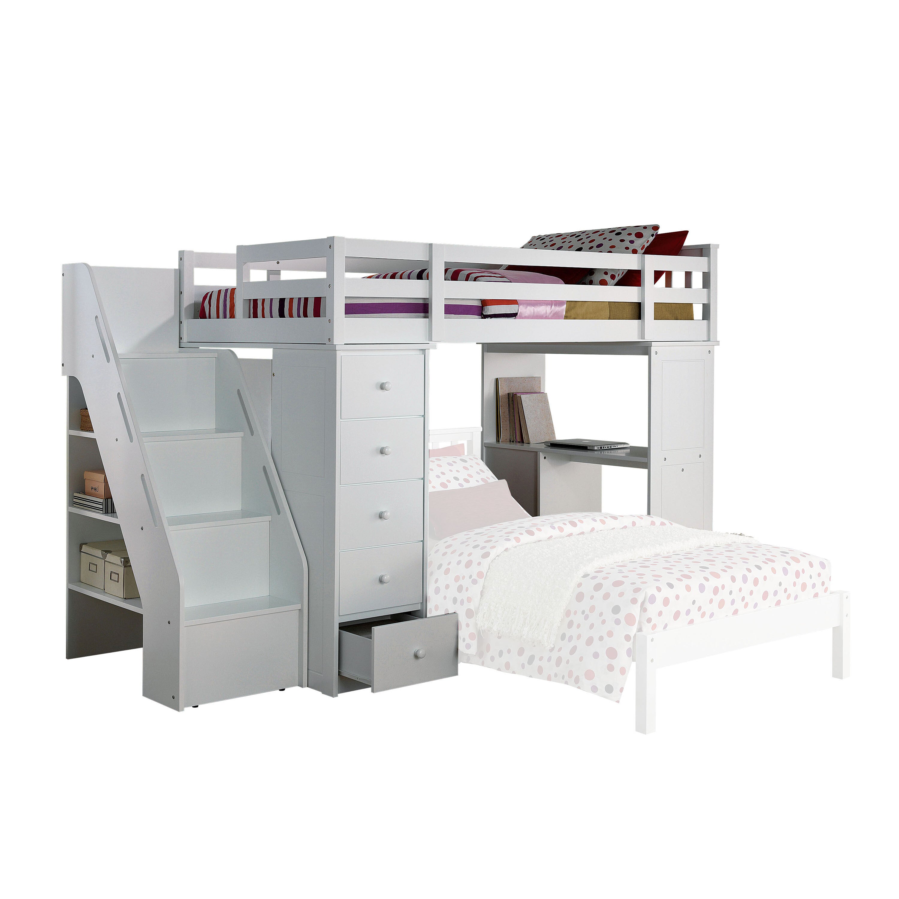 Alina Freya Twin White Wood Multi-Function Loft Bed – Children's Storage Bed with Ladder & Drawers