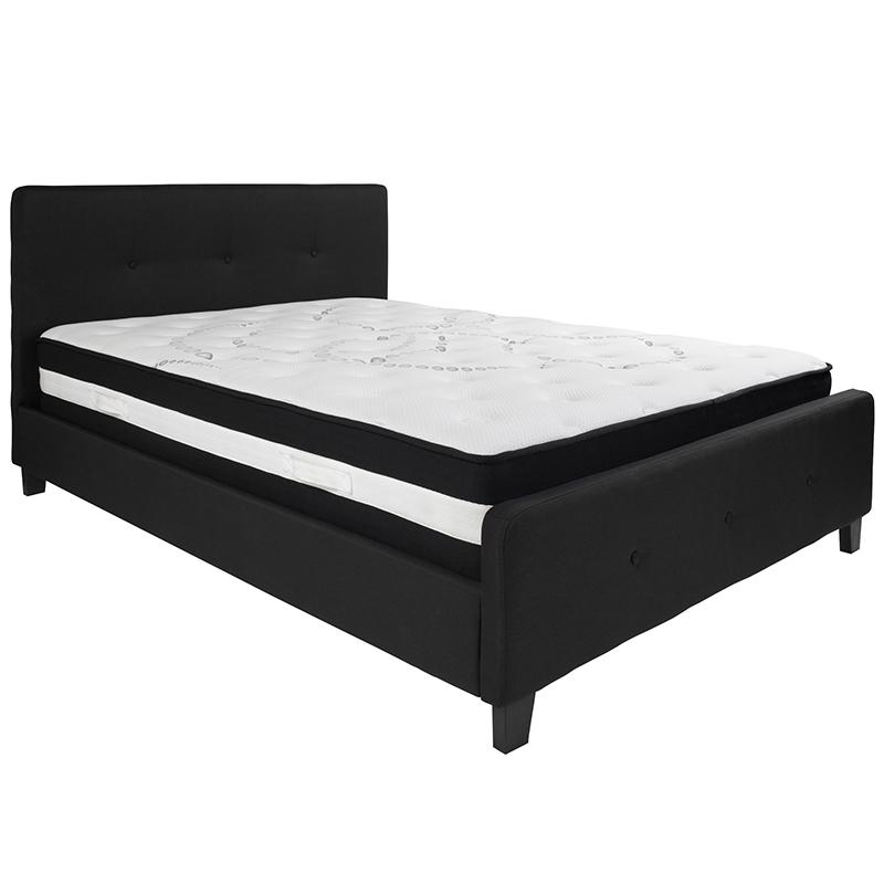 Queen Size Platform Bed in Beige Fabric with Pocket Spring Mattress