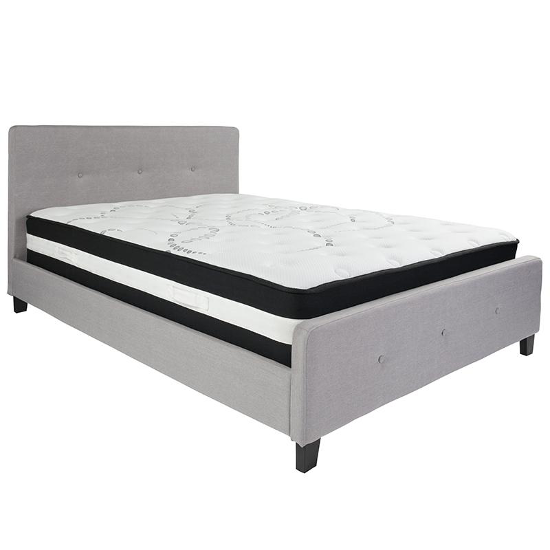 Queen Size Platform Bed in Beige Fabric with Pocket Spring Mattress