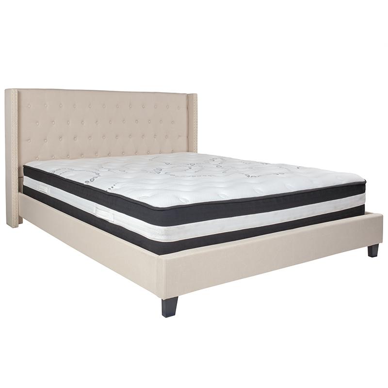 Kathy King Size Platform Bed in Beige Fabric with Pocket Spring Mattress