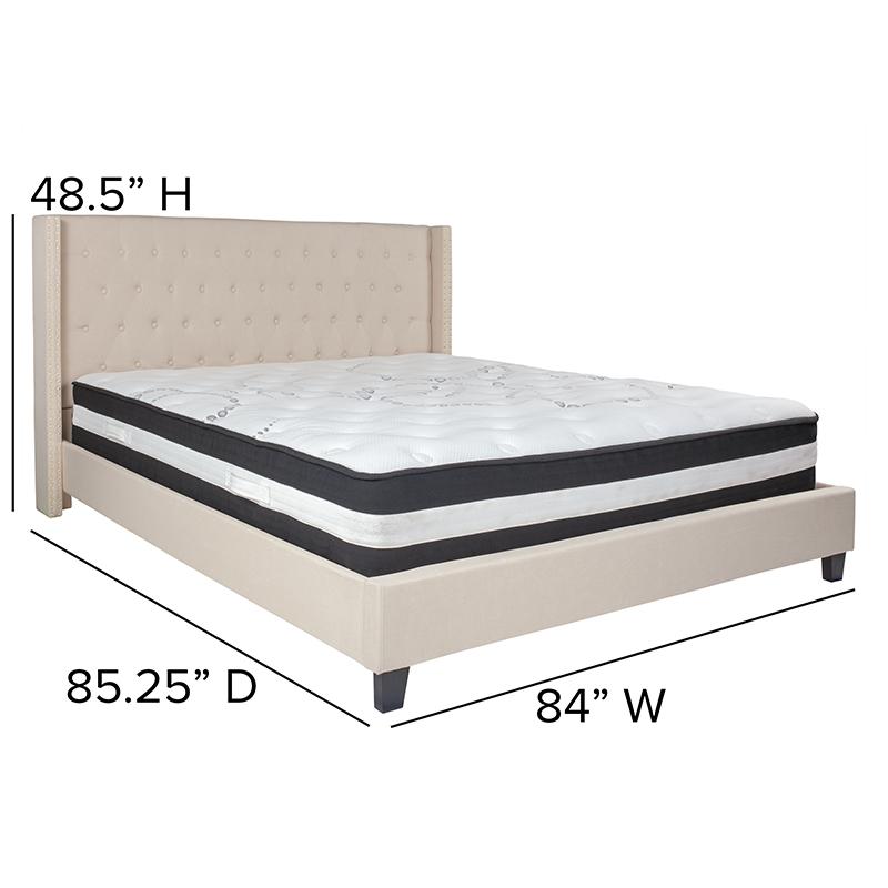 Kathy King Size Platform Bed in Beige Fabric with Pocket Spring Mattress