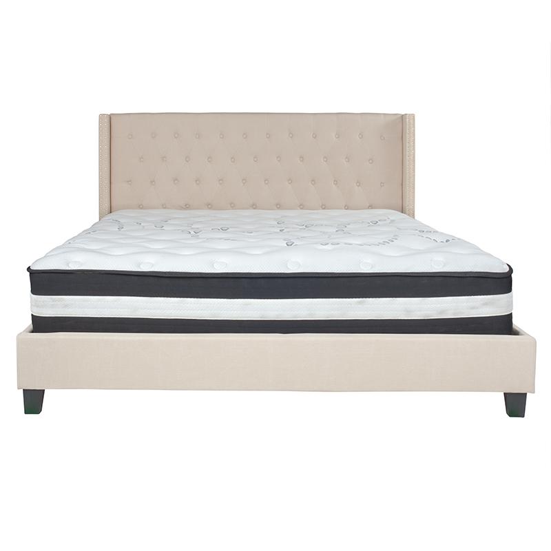 Kathy King Size Platform Bed in Beige Fabric with Pocket Spring Mattress