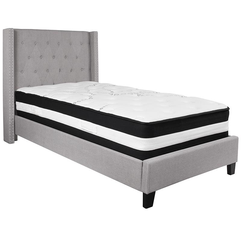 Kathy Twin Size Platform Bed in Beige Fabric with Pocket Spring Mattress