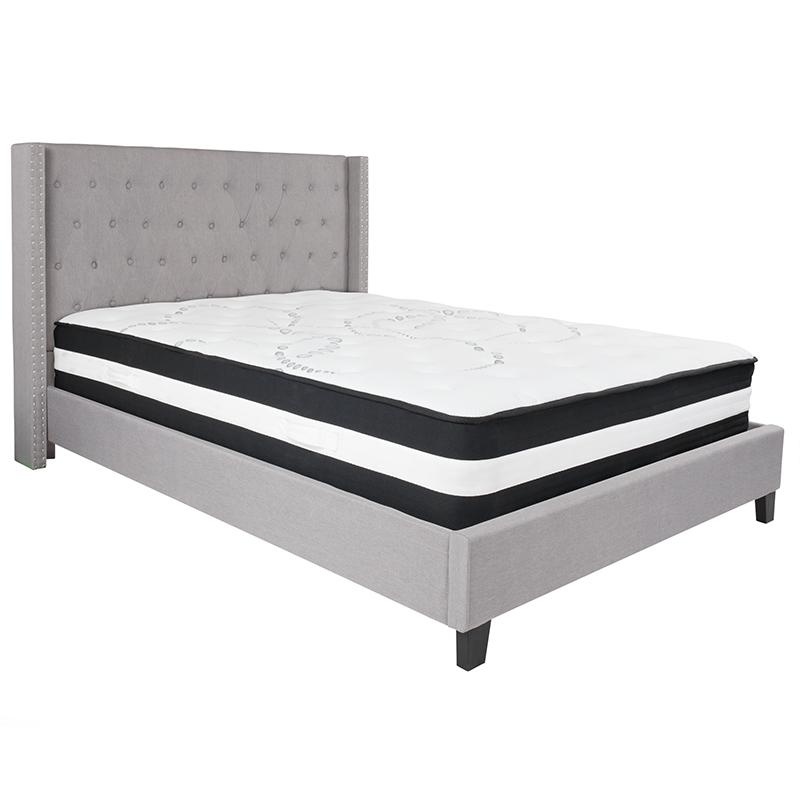 Kathy Queen Size Platform Bed in Beige Fabric with Pocket Spring Mattress