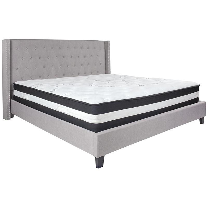 Kathy King Size Platform Bed in Beige Fabric with Pocket Spring Mattress