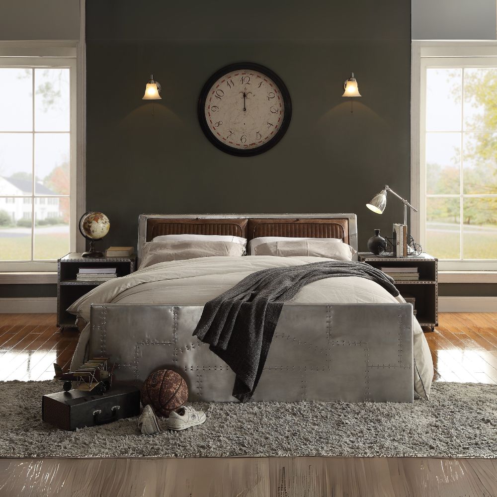 Olson Brancaster Queen Size Aluminum Leather Bed – Retro Aviation-Inspired Design