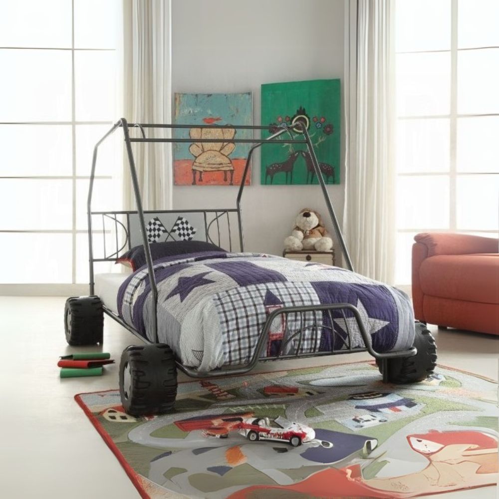Asam Xander Twin Racing Go Kart Metal Kids Bed Frame – Sports Theme with Flag Headboard