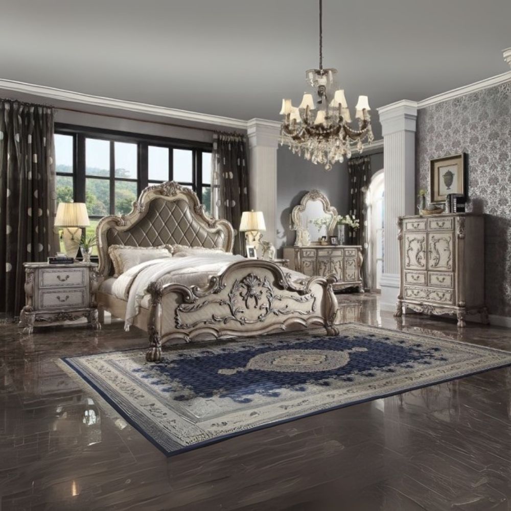 Rae Dresden Queen White Finish Wooden Bed – Classic Elegance & Ornate Details