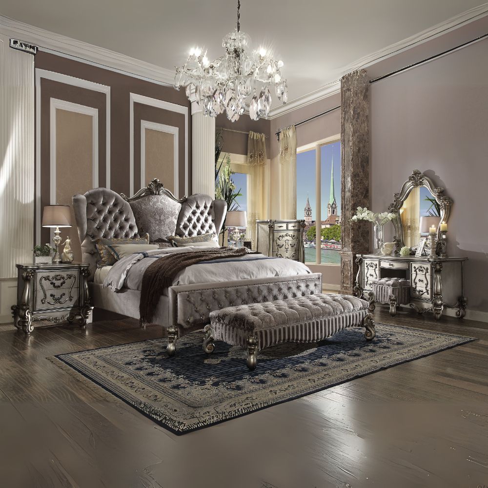 Banwari Versailles Eastern King Antique White Wooden Bed – Traditional Faux Leather Headboard