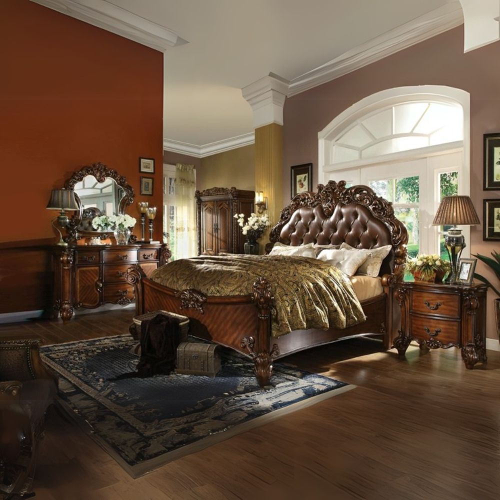 Liliya Vendome Queen Bed Cherry Synthetic Leather – Elegant Traditional Design