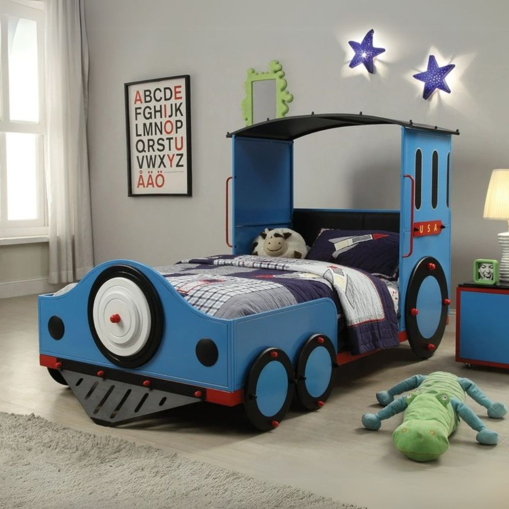 Nalani Tobi Collection Twin Size Blue Red Black Metal Train Bed – Children's Themed Bed with Padded Headboard