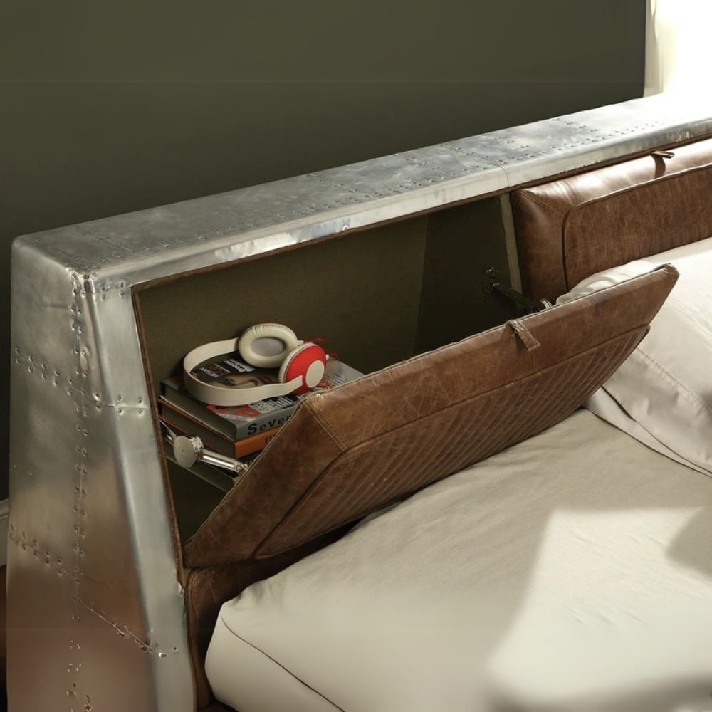 Olson Brancaster Queen Size Aluminum Leather Bed – Retro Aviation-Inspired Design