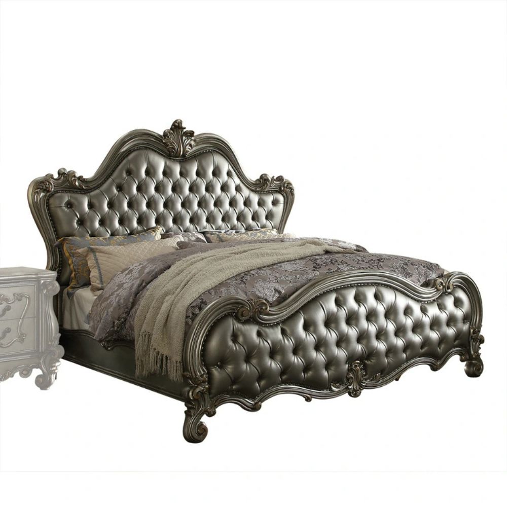 Swamson Versailles II Eastern King Silver PU Upholstered Bed – Victorian Style Carved Scrollwork & Nailhead Trim