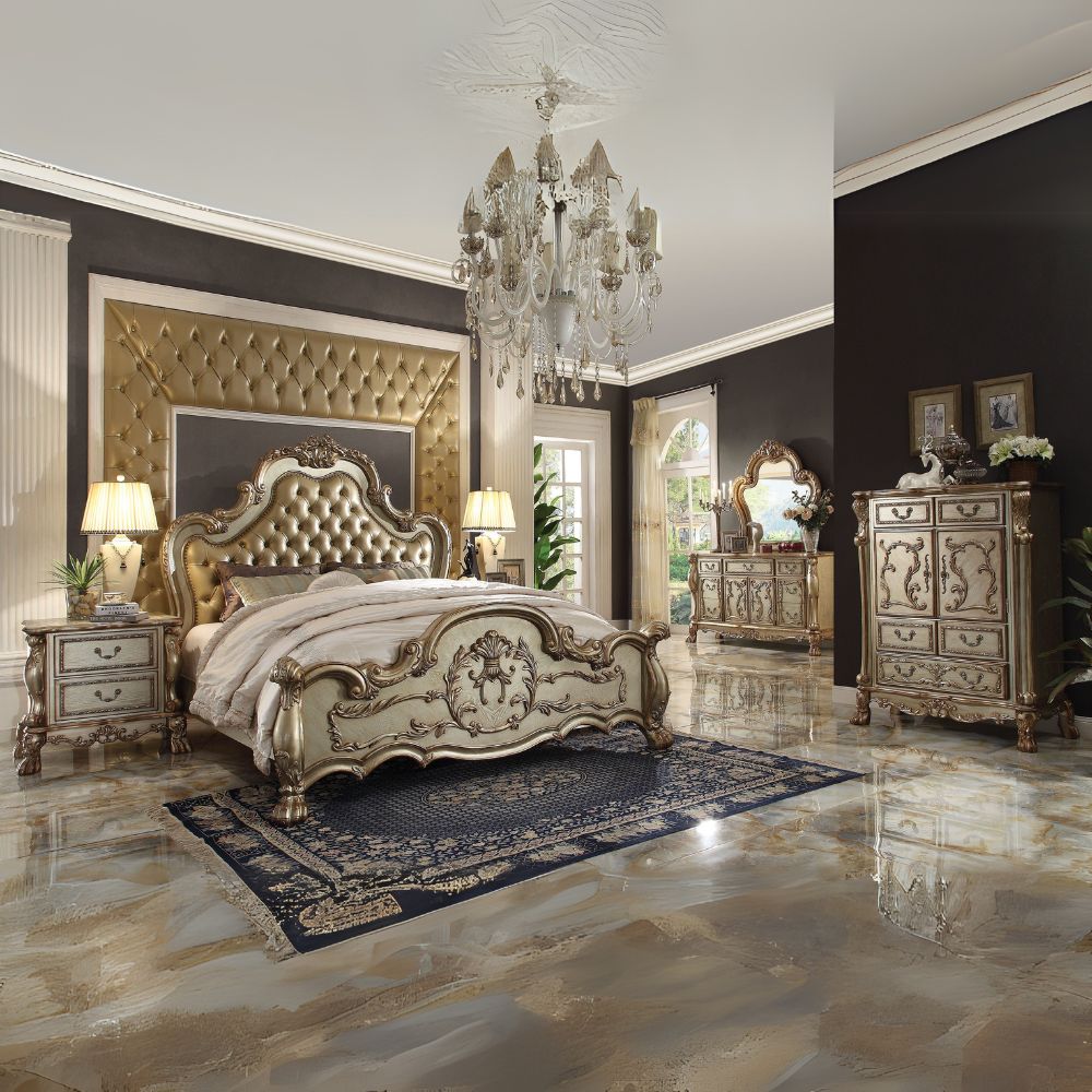 Hank Dresden Collection Queen Bed in Gold Platina Finish – Ornate Wood Frame & Faux Leather Upholstery