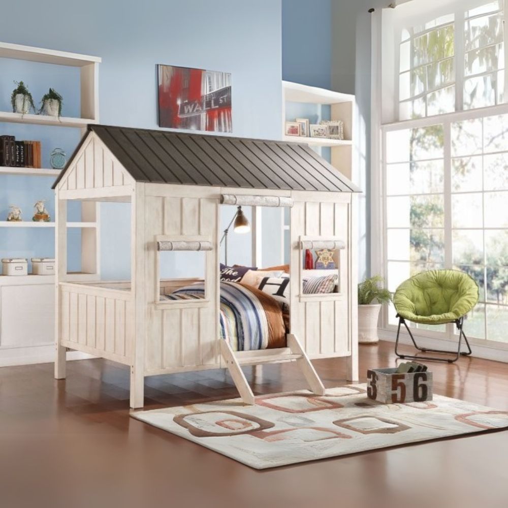 Valeo Spring Cottage Full White Wooden Bed – Farmhouse Style with Roof Design