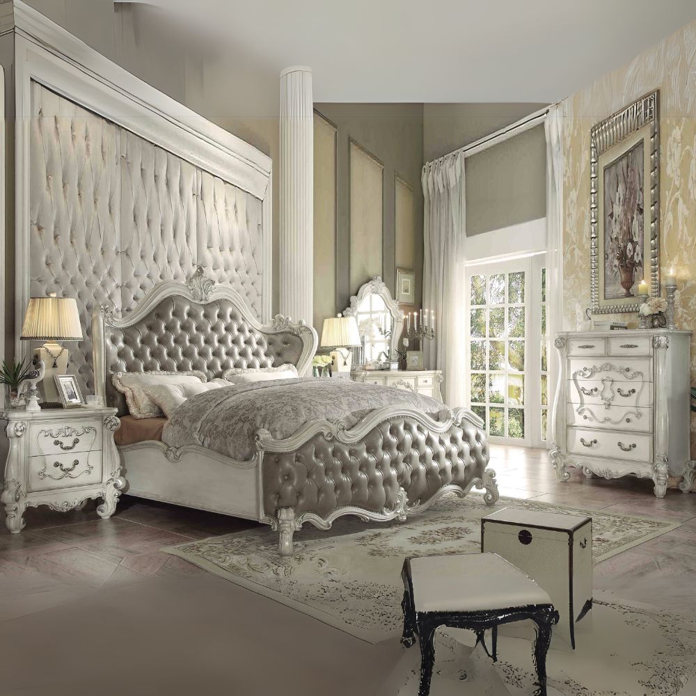 Arjun Versailles California King Brown Wood Bed – Traditional Carved Upholstered Headboard