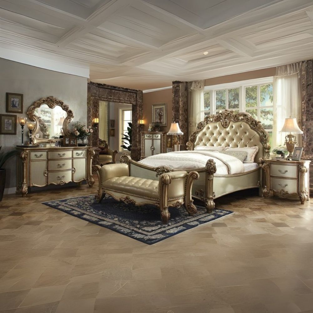 Dau dada Vendome Eastern King Bed Gold Patina – Synthetic Leather Upholstery, Ornate Traditional Design