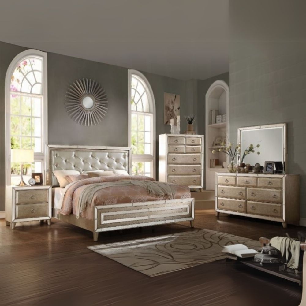 Voeville II Eastern King Platinum Panel Bed – Modern Mirror Trim Bedroom Furniture