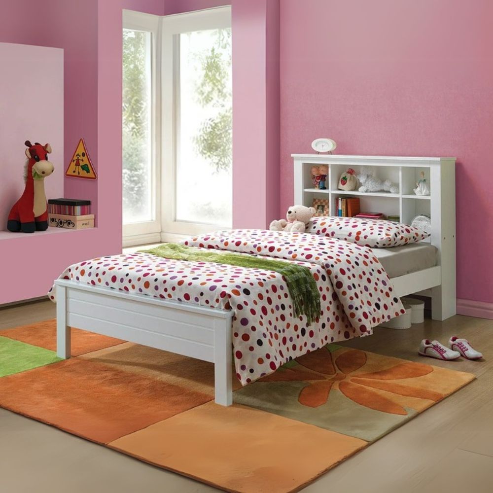 Sadan Yara Twin White Wood Storage Bed – Modern Bookcase Headboard No Box Spring Required Highlights the no box spring feature which is a selling point