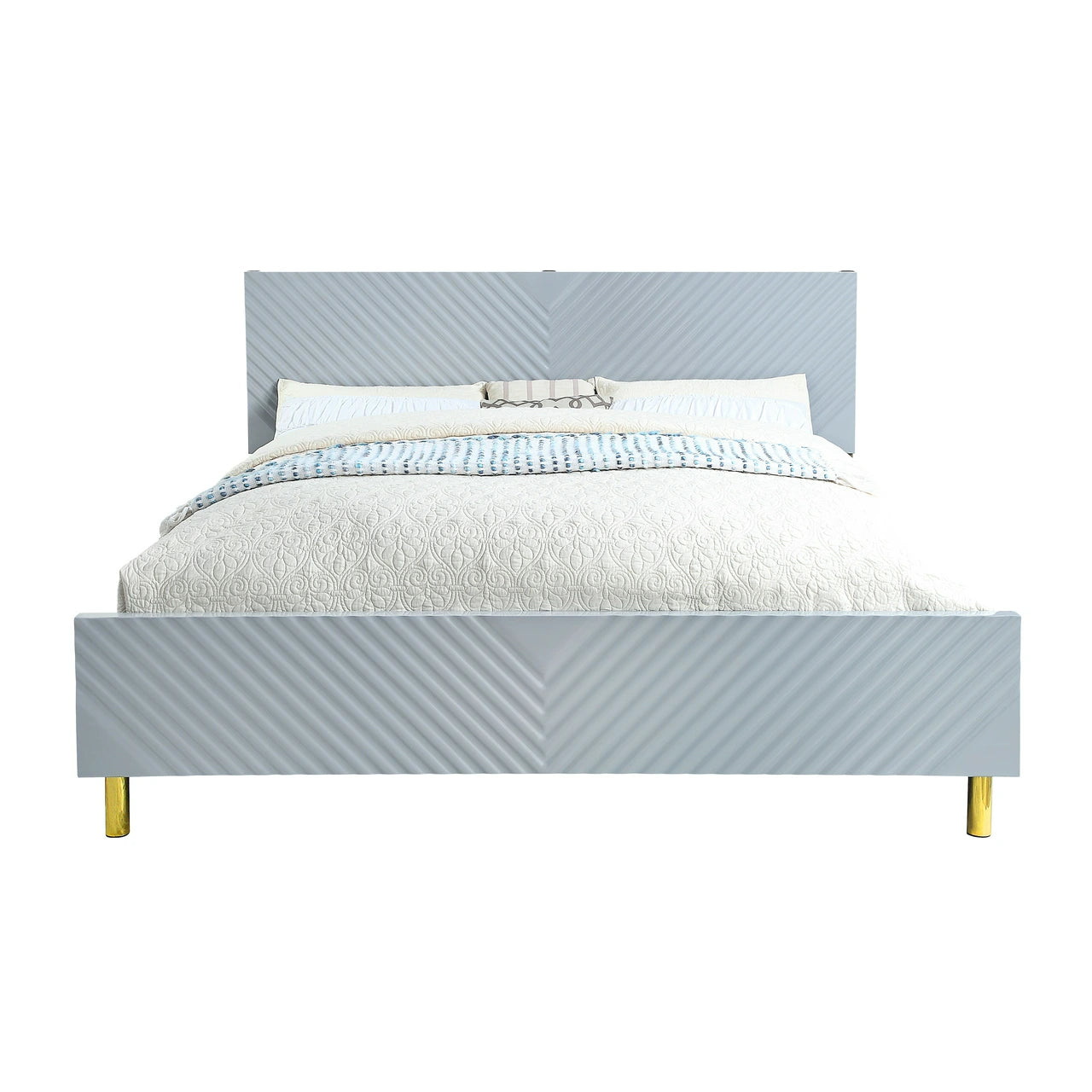 Delhi Gaines Queen Gloss White Wooden Bed – Chic Modern Platform with Clean Lines & Gold Hardware