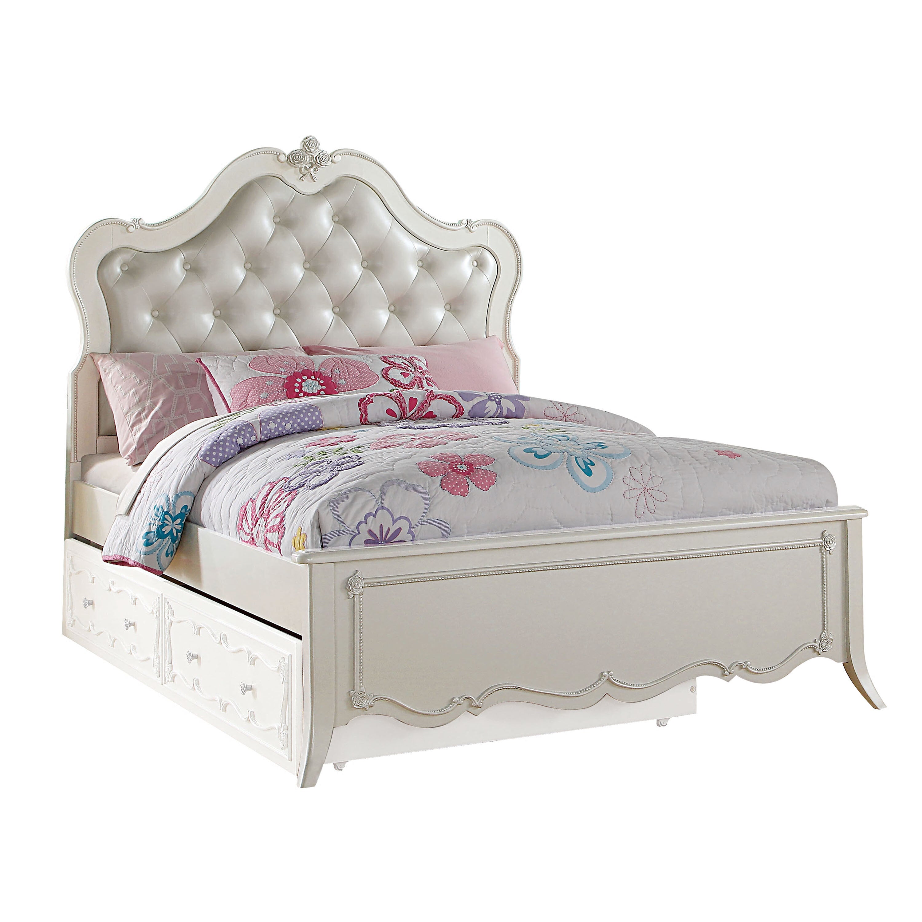 Cain Edalene Full Size White Upholstered Bed – Faux Leather Glam Look with Tufted Headboard