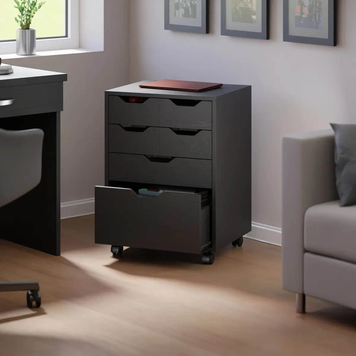 Norfolk 4 Bins, 2 Drawer Mobile Cabinet, Black Finish