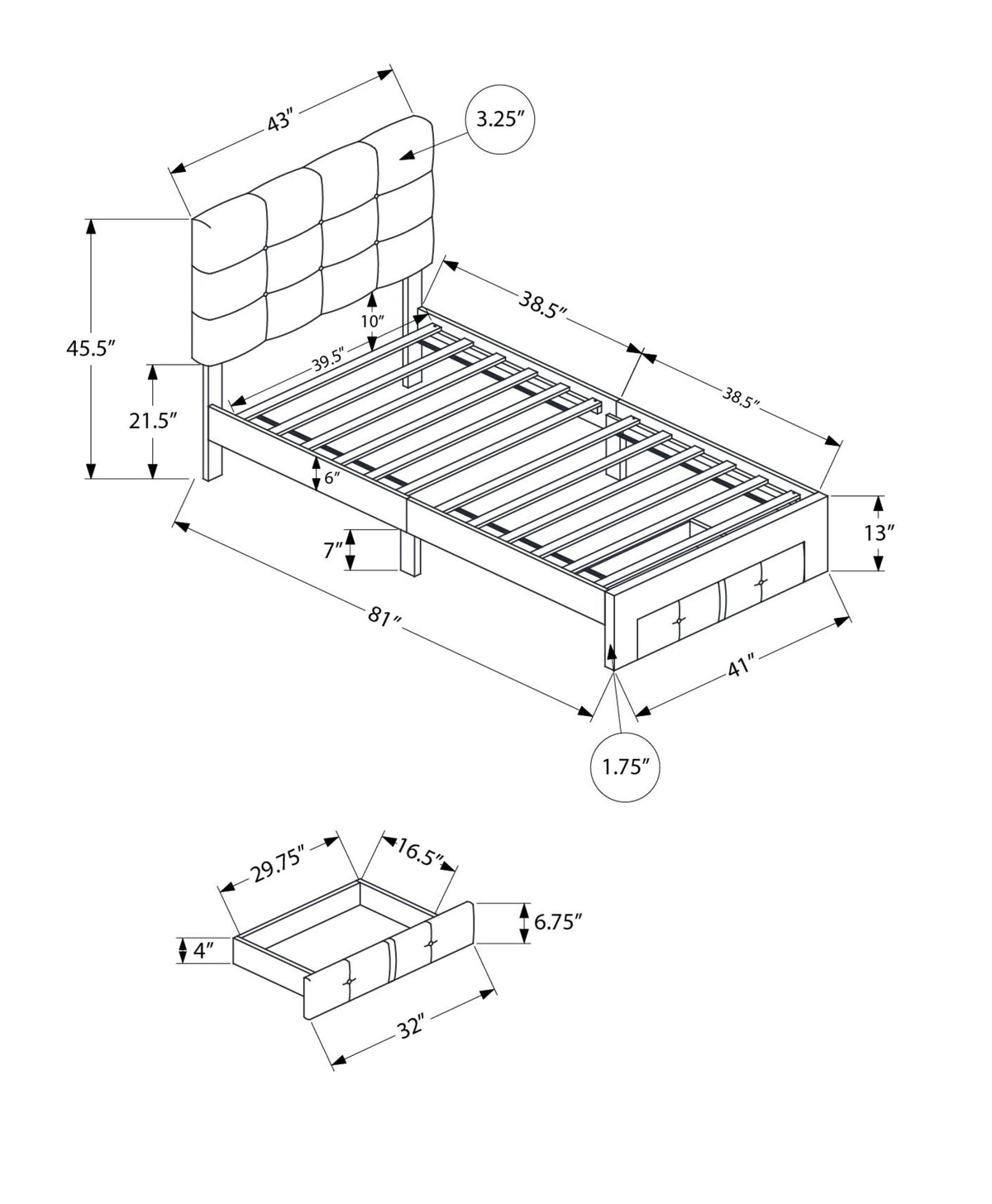 Bed, Twin Size, Platform Bed, Upholstered, Juvenile, Storage Drawers, Frame Only, Bedroom, Beige Linen Look, Transitional